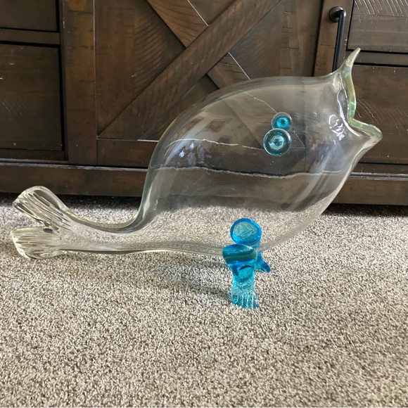 Large 20” Art Glass Fish Sculpture Clear w/ Blue Accents Coastal Beach Decor